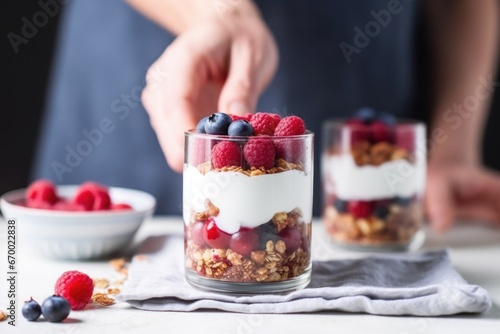 hand placing a cherry on top of parfait