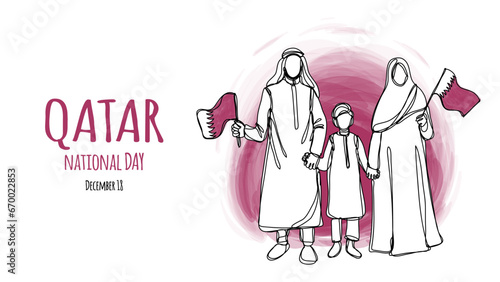 Qatar National Day Banner With Arab Family Holding Flag One Line Watercolor Style Illustration