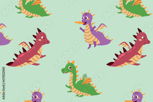 seamless pattern of cartoon dragons for fabric