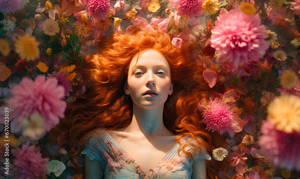 Woman with radiant red hair stands out in a lush field of colorful flowers. Woman with radiant red hair stands out in a lush field of colorful flowers.