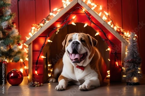 decorated doghouse with festive lights photo