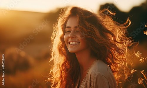 Joyful woman amidst picturesque field. © Lidok_L