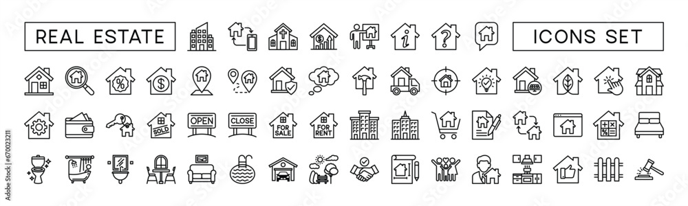 Real Estate minimal thin line web icon set. House, building, property, mortgage, home loan, rent, key, buy, sell, insurance and more for app and website. Outline icons collection. Vector illustration