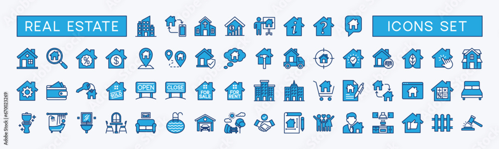 Real Estate minimal colours web icon set. House, realty, property, mortgage, home loan, rent, key, buy, sell, insurance and more for app and website. Outline icons collection. Vector illustration