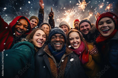 A group of cheerful people of different nationalities celebrate the new year together in the yard