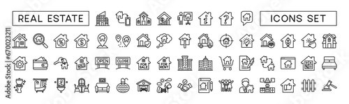Real Estate minimal thin line web icon set. House, building, property, mortgage, home loan, rent, key, buy, sell, insurance and more for app and website. Outline icons collection. Vector illustration