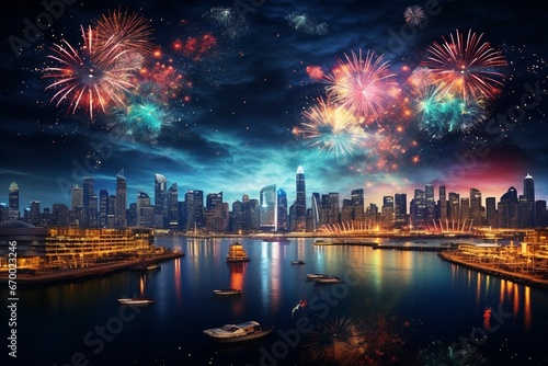 City Celebration with Beautiful Nighttime Fireworks
