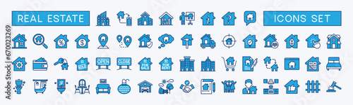 Real Estate minimal colours web icon set. House, realty, property, mortgage, home loan, rent, key, buy, sell, insurance and more for app and website. Outline icons collection. Vector illustration