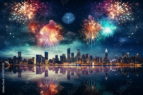 Vibrant Night Skyline with Colorful Fireworks