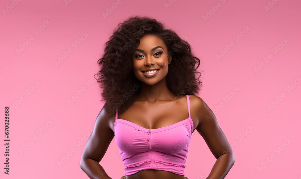 Fashion-forward woman stands boldly in jeans and pink top. Fashion-forward woman stands boldly in jeans and pink top.