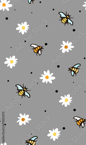 Bee and daisy hand drawn seamless pattern © Julia