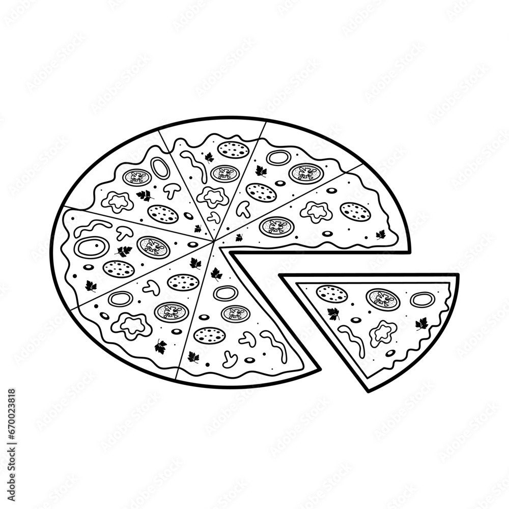 Pizza with one slice separated. Fast food linear icon. Hand drawn doodle illustration.