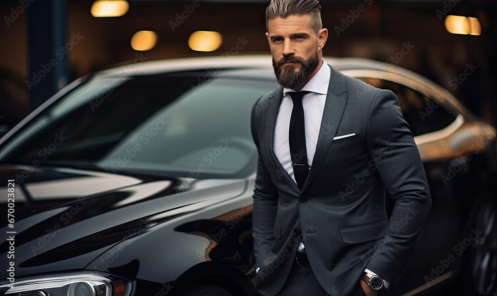 Stylish businessman exudes confidence next to a sleek black car, blending power.