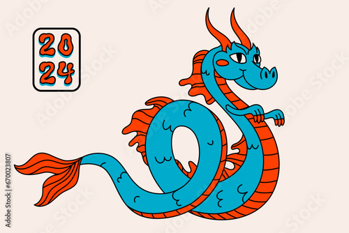 Retro style groovy cartoon dragon greeting card. Vintage 70s a funny smiling ...