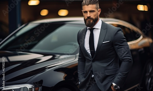 Stylish businessman exudes confidence next to a sleek black car, blending power. © Lidok_L