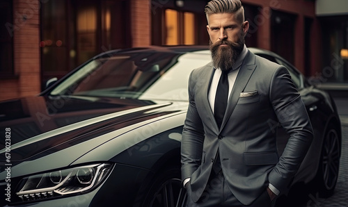 Stylish businessman exudes confidence next to a sleek black car, blending power. © Lidok_L
