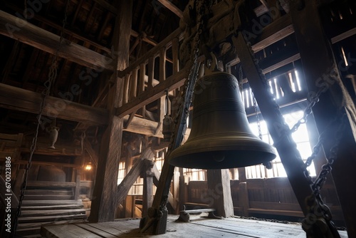 Stampa su tela large bronze church bell swinging in a belfry