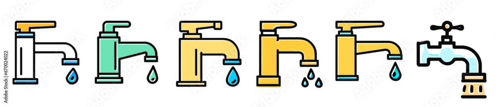 Set of faucets in different colour for bath vector illustration. Symbol, logo illustration. Set of faucets in different colour for bath vector illustration. Symbol, logo illustration.