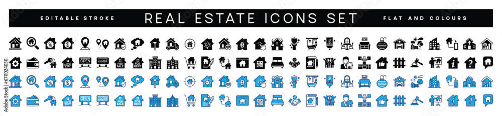 Real Estate minimal flat and colors web icon set. House, realty, property, mortgage, home loan, rent, key, buy, insurance and more for app and website. Outline icons collection. Vector illustration Real Estate minimal flat and colors web icon set. House, realty, property, mortgage, home loan, rent, key, buy, insurance and more for app and website. Outline icons collection. Vector illustration