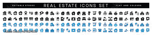 Real Estate minimal flat and colors web icon set. House, realty, property, mortgage, home loan, rent, key, buy, insurance and more for app and website. Outline icons collection. Vector illustration