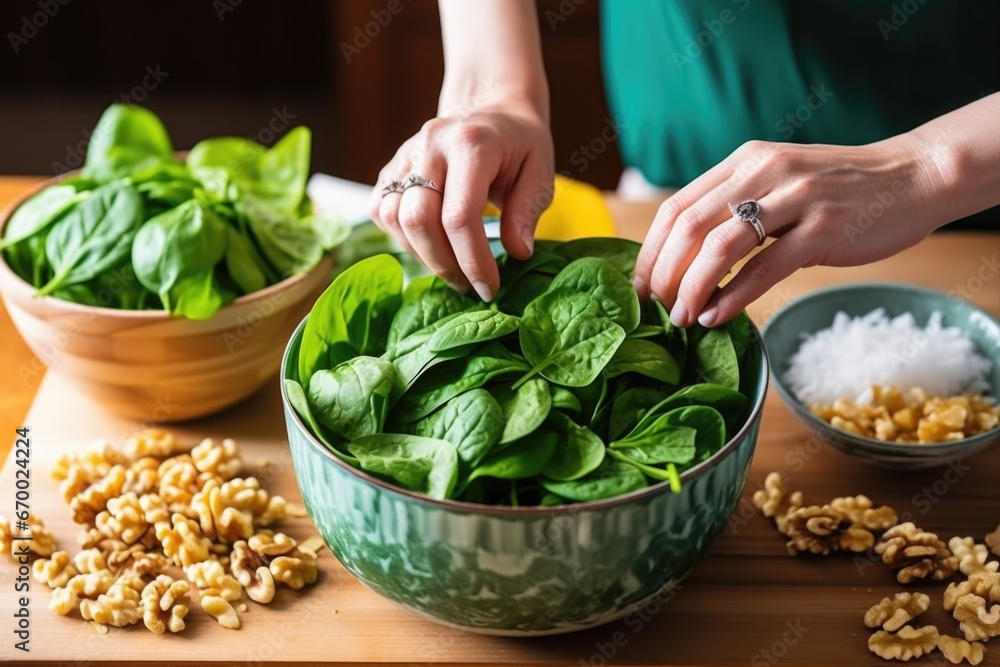 hand adding walnuts into a spinach salad hand adding walnuts into a spinach salad
