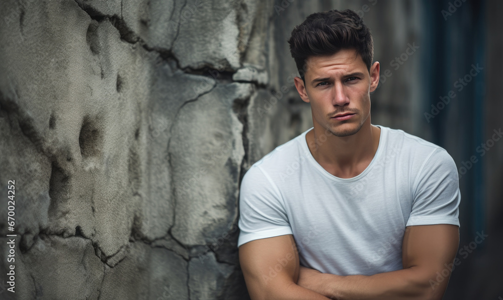 Young man with an intense gaze leans against a cracked wall. Young man with an intense gaze leans against a cracked wall.