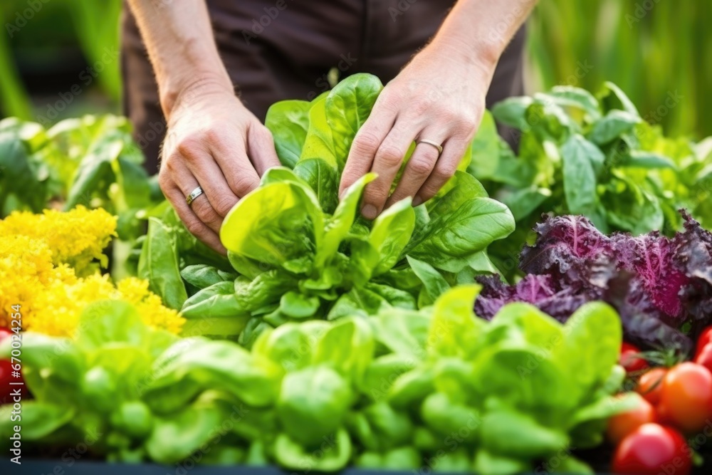 hand placing fresh basil leaves on garden salad hand placing fresh basil leaves on garden salad