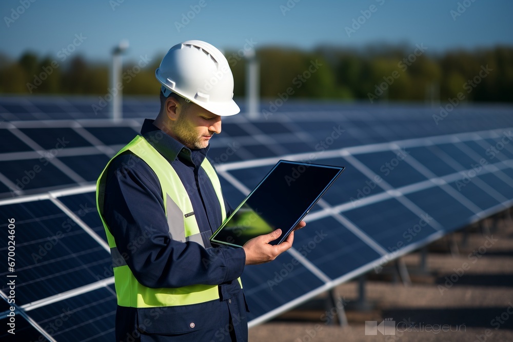 Engineer Managing Solar Panel Array Using Digital Tablet Engineer Managing Solar Panel Array Using Digital Tablet
