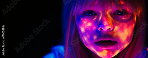 Portrait of a young girls face painted with neon light