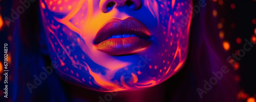Portrait of a young girls face painted with neon light