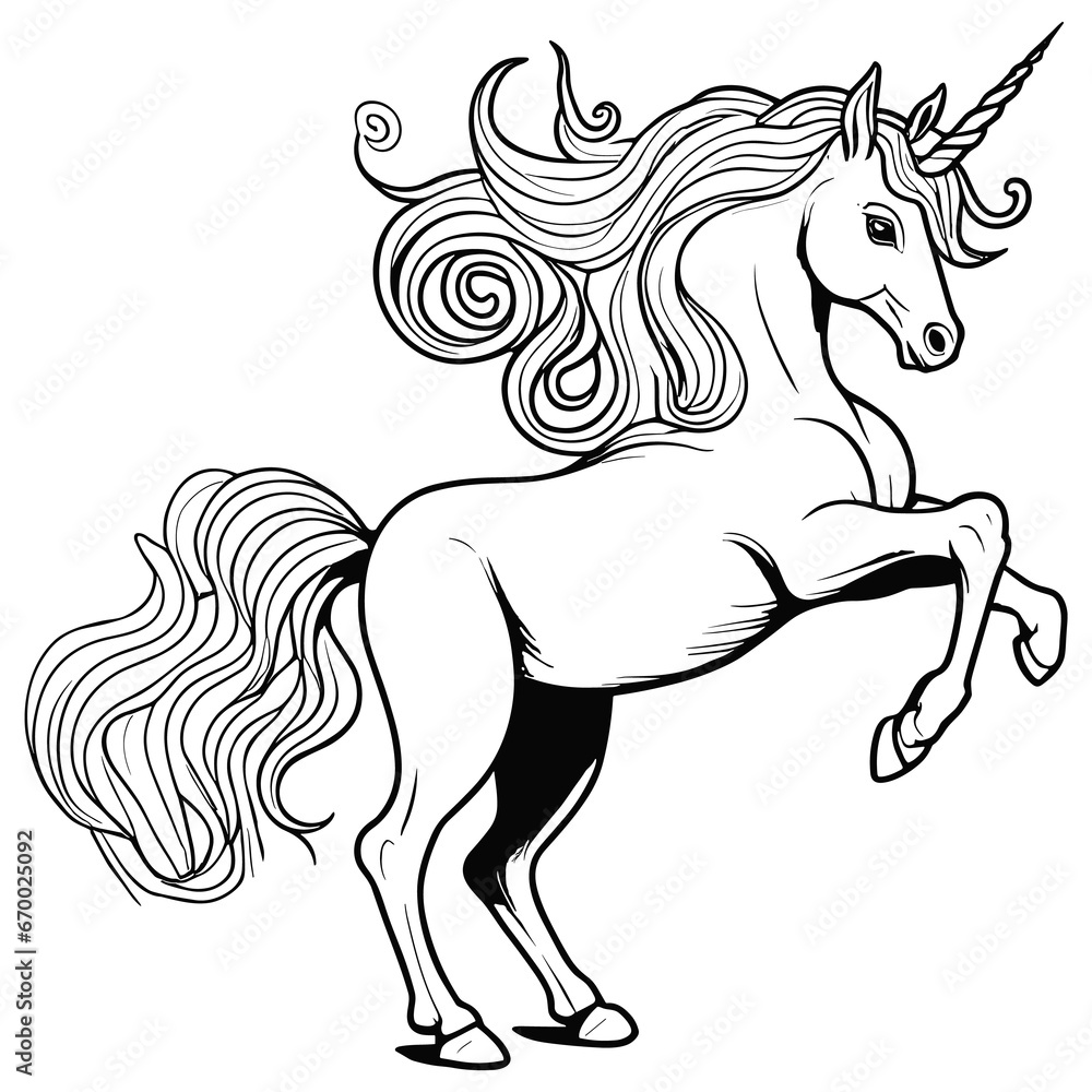 Black and White Unicorn Drawing Illustration for Coloring Page