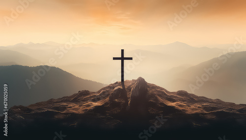 Wooden cross on the top of the mountain on New Year's Eve or Christmas