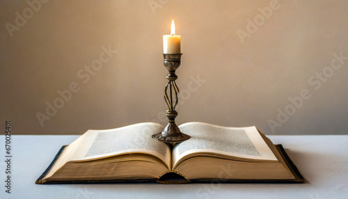Candle light with over open bible book, close up.