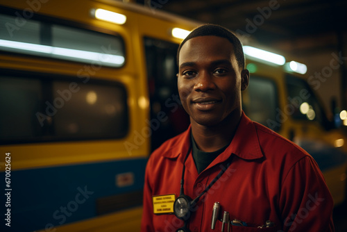Portrait of African male paramedic in front of ambulance photo