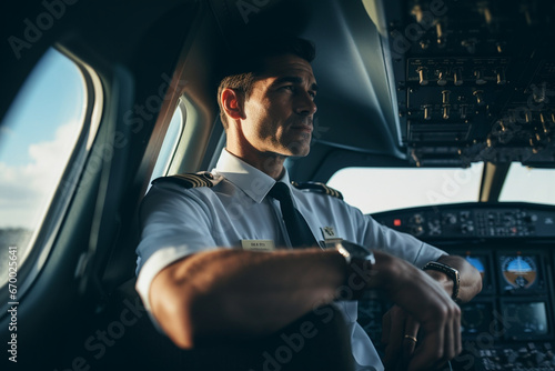 Portrait of airplane pilot looking over shoulder in a private jet