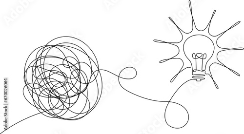 idea generation and collecting thoughts concept, brainstorming continuous single line drawing with complex entangled line unraveling to glowing light bulb, line art vector illustration