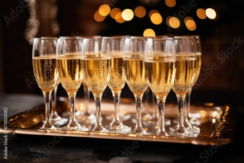 champagne glasses arranged on serving tray