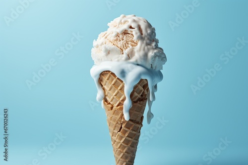 Summer Treat: Melting Ice Cream Cone on Blue Background