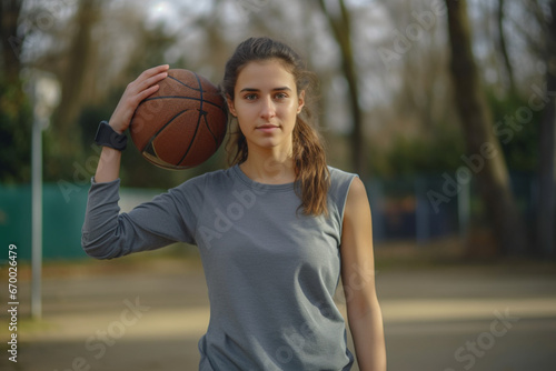 Portrait of Beautiful Young Woman Holding Basket Ball, Looking at the Camera and Smiling in Outdoor Court, Female Athlete Defying Stereotypes and Following her Dream of Going Professional © alisaaa
