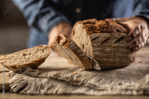 Woman cutting fresh bread on counter in kitchen - close up.