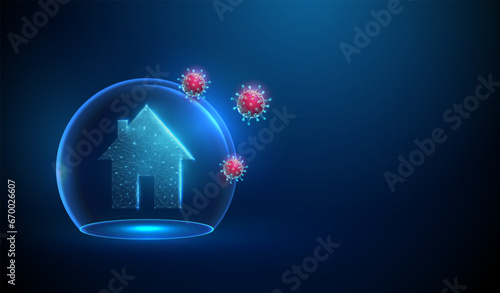 Abstract house icon in blue glass dome attacked by red viruses. Protection concept. Low poly style design