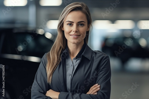 Portrait of confident supervisor with hands in jacket's pockets, Female engineer is standing in industry, Smiling professional is in automobile showroom