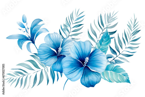 Tropical plants in blue  Christmas and New Year theme in watercolor style on white background