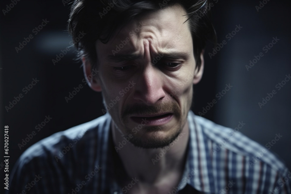 Portrait of Emotional Man Crying, Stressed, Having Mental Problems, Dealing with Death in the Family, Loneliness, Male Suffering from Depression, anxiety or other Treatable Disorders