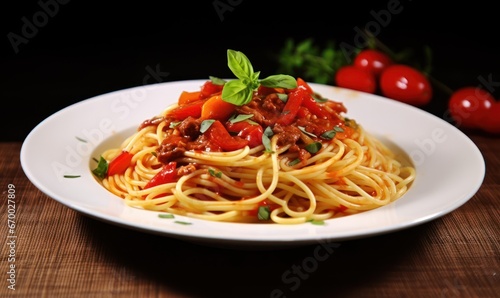 spaghetti with tomato sauce and basil.