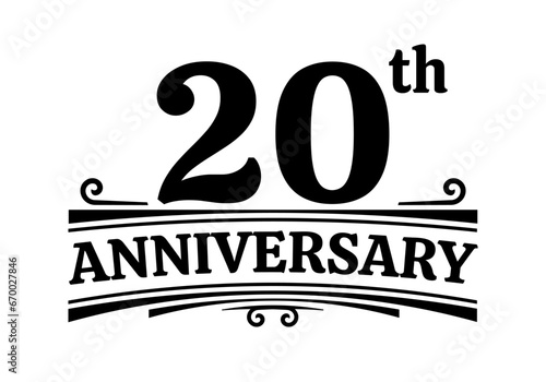 20 years anniversary logo, icon or badge. 20th birthday, jubilee celebration, wedding, invitation card design element. Vector illustration.