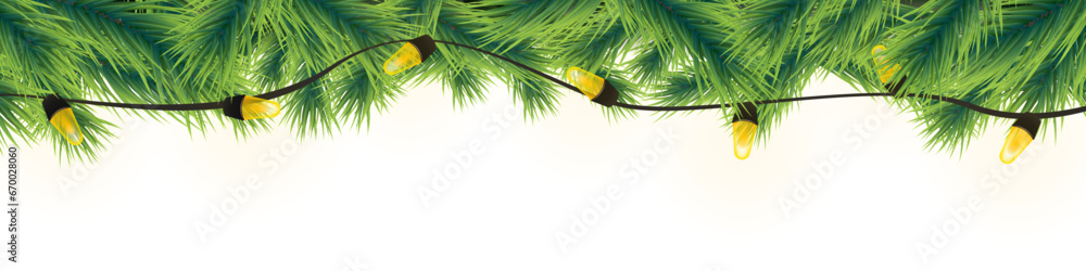 Christmas background with fir branches and light garland. Green pine tree branches with xmas lights decoration illustration. - obrazy, fototapety, plakaty 