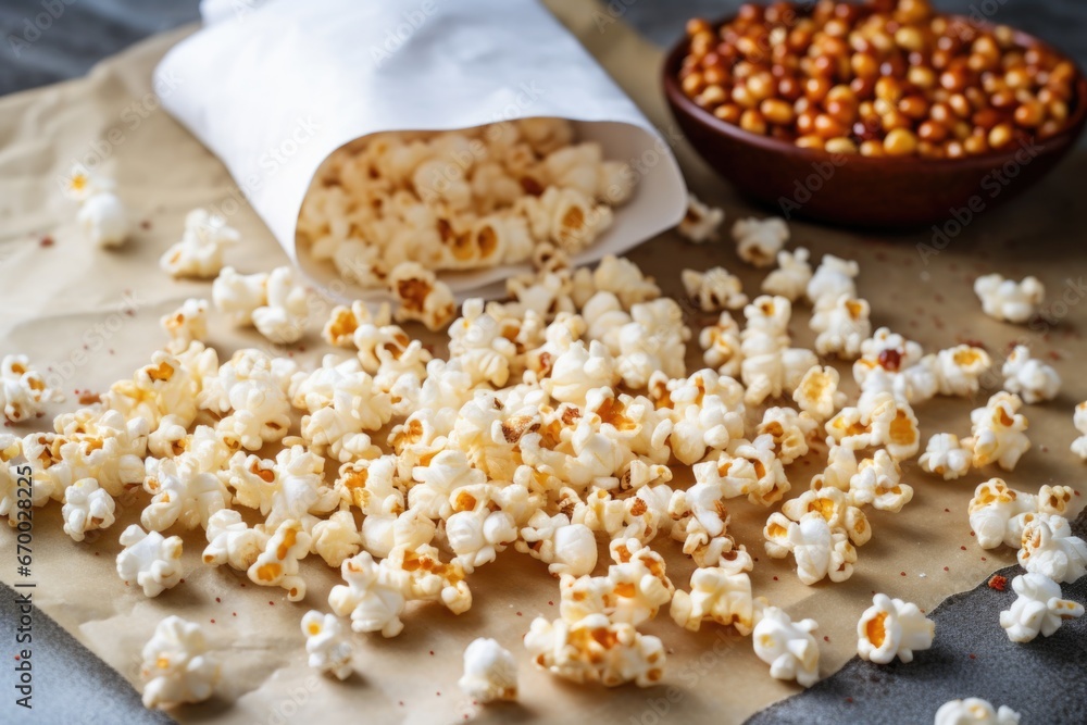 popcorn kernels and popped popcorn on some parchment paper popcorn kernels and popped popcorn on some parchment paper