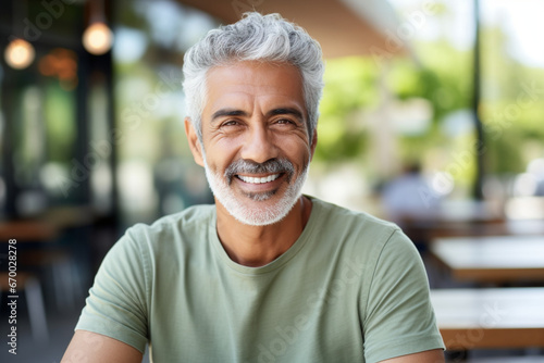 Portrait of happy mature man with white, grey stylish short beard looking at camera outdoor, Casual lifestyle of retired hispanic people or adult asian man smile with confident at coffee shop cafe