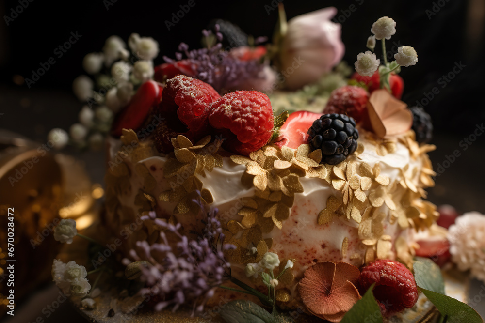 Birthday cake decorated with fresh berries and flowers on a dark background